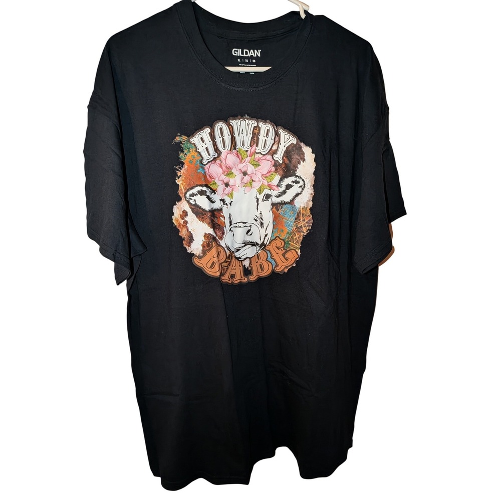 Gildan Howdy‎ Babe Cow Floral Graphic T-Shirt Black XL Women Mens Western Tee